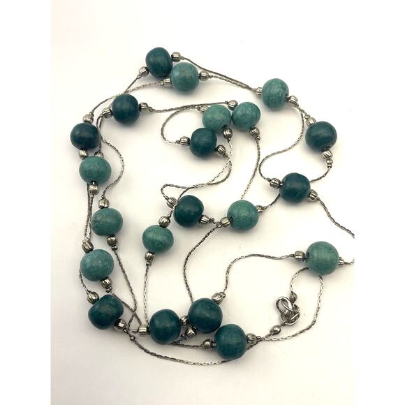 Vintage Green Beaded Silver Tone Bead Chain Necklace B8 - Picture 3 of 9
